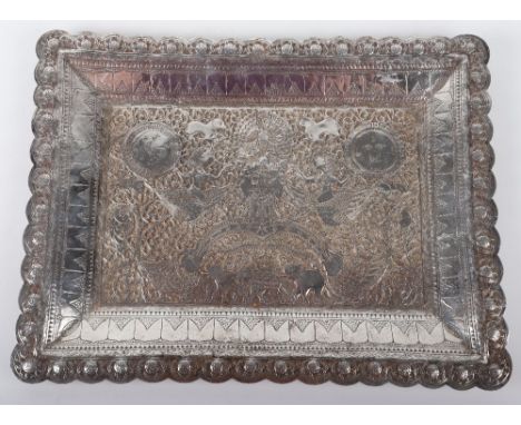 An Indian silver tray, decorated with deity figures and animals, 33cmWx25.5cmD, 640g