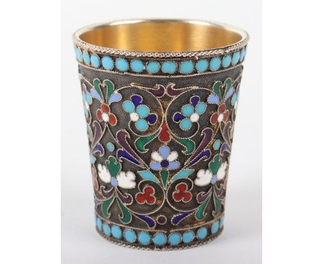 A Russian silver and cloisonné enamel vodka cup, Kokoshnik, marks to base 3.5cmHx4.25cmDiam 38g
