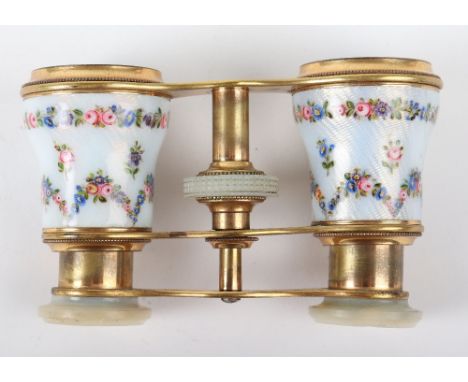 A pair of mother of pearl and guilloche enamel opera glasses, late 19th century possibly French, 9.5cmW
