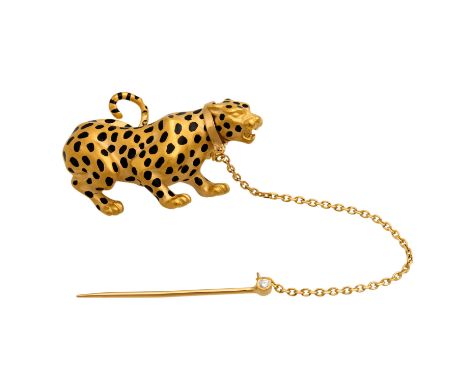   CARRERA Y CARRERA Brosche "Panther",  Bestiario-Kollektion, Nr. B-97023, mit kleinem Brillant an Sicherheitsstecknadel, GG 