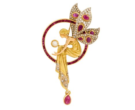   Dekorative Brosche im Jugendstil mit Rubinen,  1 Brillant und Achtkantdiamanten zus. ca. 1,20 ct, WEIß- GW (H- K)/ VS- SI. 