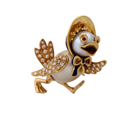   SCHOTT feine Brosche "Ente"  mit Südsee Zuchtperlen und Brillanten zus. ca. 0,46 ct, gute bis sehr gute Farbe u. Reinheit, 