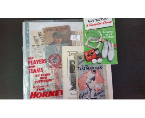 TRADE, advertising selection, sport, inc. Dunlop Tennis Equipment leaflet, Let Jack Hobbs Show You (pages removed from book),
