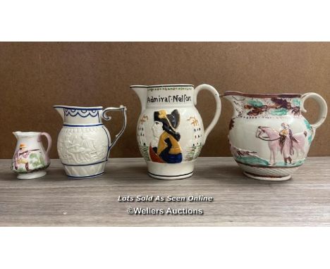 CAPATIN HARDY/ADMIRAL NELSON PRATTWARE JUG; SUNDERLAND LUSTRE JUG; TWO SMALLER JUGS