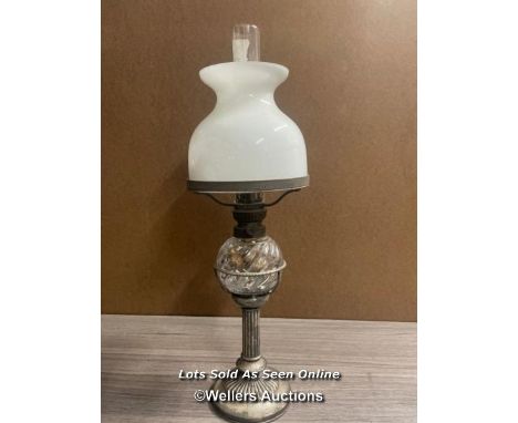 *METAL OIL LAMP WITH HEAVY GLASS RESERVOIR AND MILK GLASS SHADE