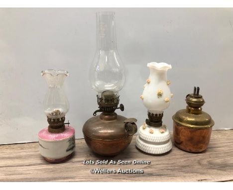 *FOUR SMALL OIL LAMPS INCLUDING A CERAMIC EXAMPLE
