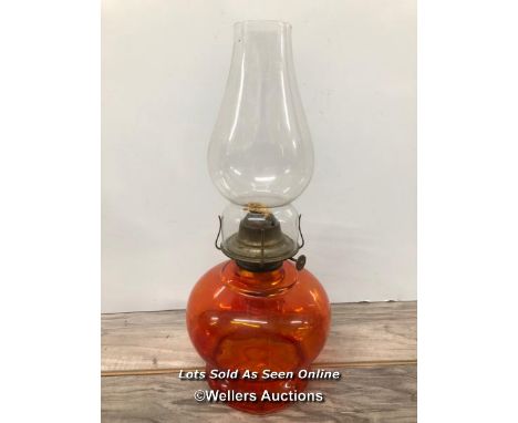 *OIL LAMP WITH RED GLASS SHADE