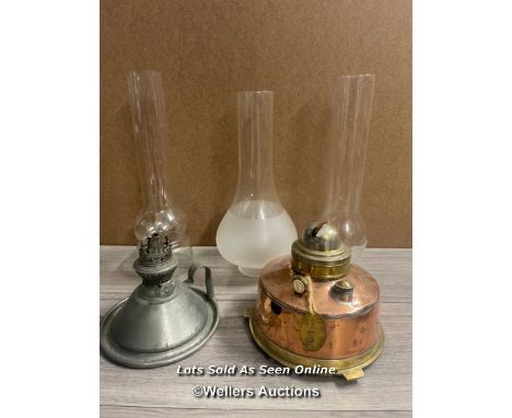 *BRASS AND COPPER BURNER FOR SHIP'S LAMP; NICKLE PLATED KOSMOS BURNER AND THREE LARGE BRASS CHIMNEYS