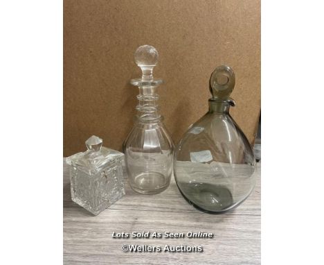 GEORGIAN RING NECK DECANTER; A CUT GLASS SUGAR POT; MODERN DECANTER