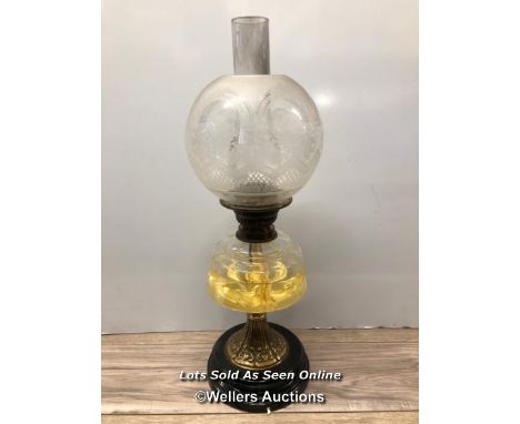 OIL LAMP, ETCHED GLASS SHADE, GLASS RESERVOIR AND BRASS BASE