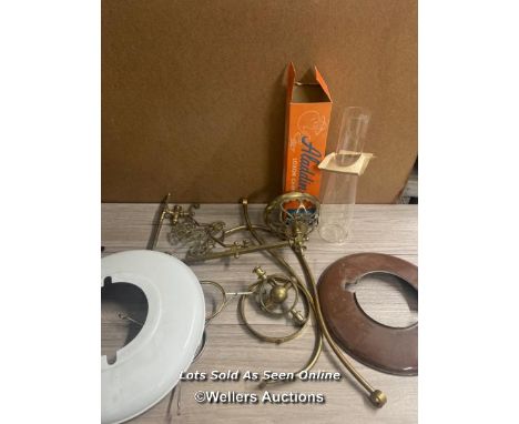 *BRASS WALL MOUNTED OIL LAMP SURROUND, LOXON CHIMNEY, BOXED