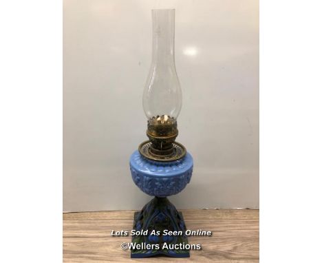 *ART NOUVEAU OIL LAMP WITH PAINTED IRON BASE, BLUE GLASS RESERVOIR