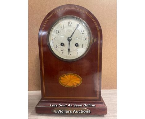 WELSH MANTLE CLOCK - EDWARDIAN INLAID MAHOGONY, FRENCH MOVEMENT, W.R. JONES ABERYSWYTH, INSCRIPTION DATED 12TH FEB 1913