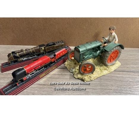 SHERRAT &amp; SIMPSON MODEL OF BOY ON TRACTOR; TWO MODEL TRAINS