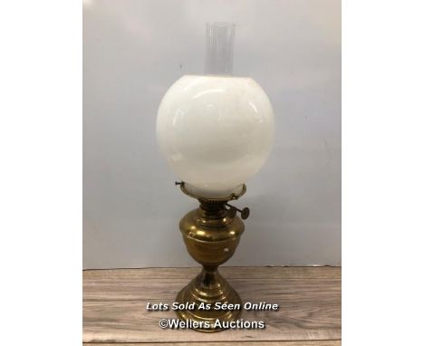 *BRASS OIL LAMP, WHITE GLOBULAR GLASS SHADE