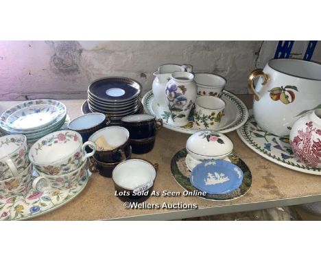 MINTON HADDON HALL, FOUR CUPS, SAUCERS AND TEA PLATES, OVAL DISH, PIN DISH; ROMANOV PORCELAIN 7 CUPS AND SAUCERS; PORTMEIRION