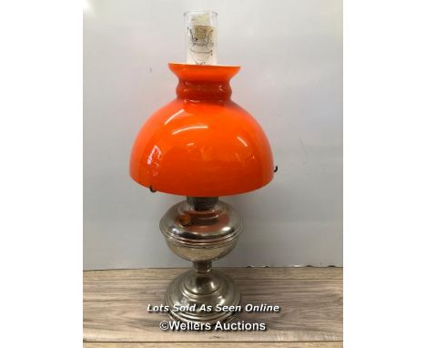 *CHROME PLATED OIL LAMP WITH RED GLASS SHADE