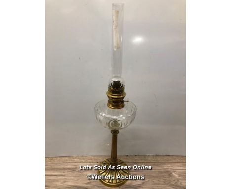 *TALL AND SLENDER OIL LAMP, GLASS RESERVOIR AND BRASS BASE