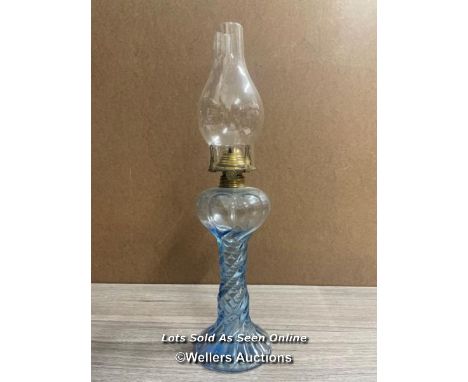 *BLUE GLASS OIL LAMP, LACKS SHADE