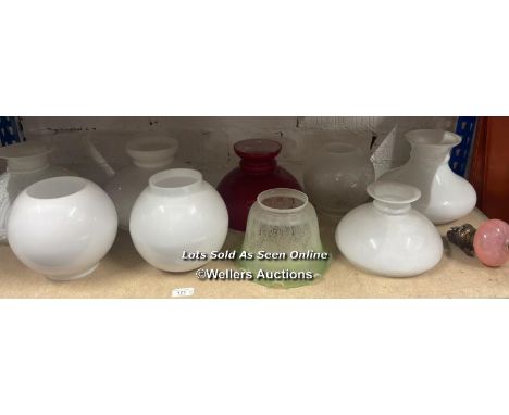 *NINE OIL LAMP SHADES; PINK GLASS RESERVOIR