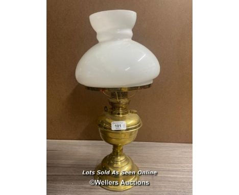 *BRASS OIL LAMP WITH MILK GLASS SHADE