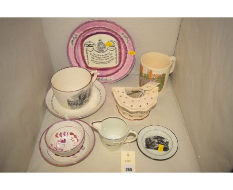 A collection of 19th and 20th Century pink lustre and other ceramics, comprising: plate titled "Success to the fleece"; break