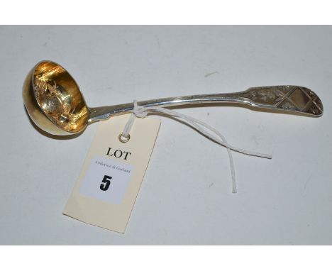 An early 19th Century silver toddy ladle, by Robert Gray & Sons, Glasgow, 1838, with berry embossed gilt bowl.