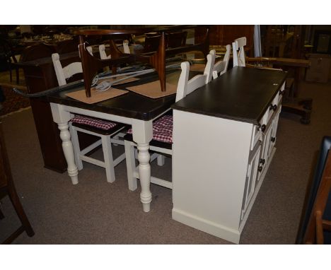 A six piece modern dining room suite comprising; dining table on turned legs, four chairs and a side cabinet together with; a