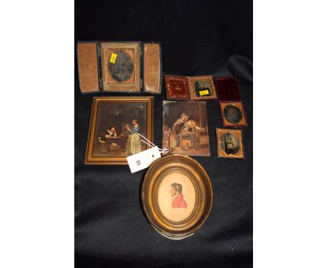 A small oil painting of children; a watercolour of a Victorian gentleman in red frock coat; together with four Ambrotypes; an