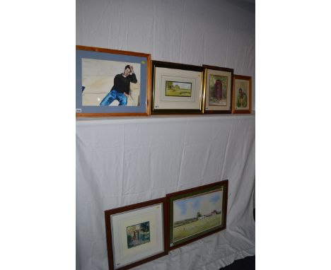 Watercolours, comprising: a cricket match scene, by M. E. M. Thompson, signed; golfing scene, by Digby Page, signed; two stud