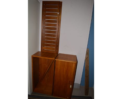 Ladderax type shelving, with glass front cupboard and drop-down front cabinet.