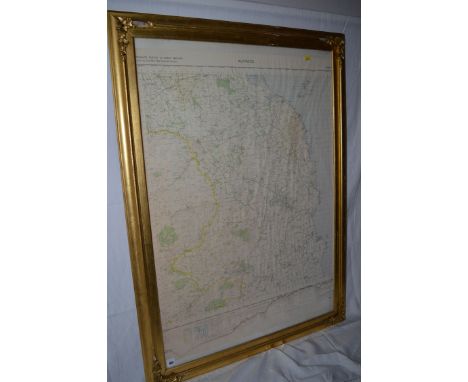 An ordnance survey map of Alnwick, in gilt frame.