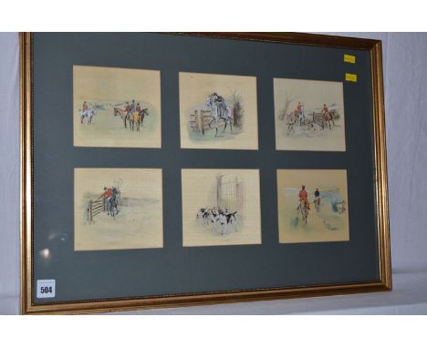 A set of six silk hunting prints, with hand-colouring, in one frame.