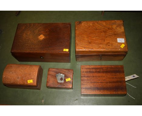Three wooden boxes; a hinged box containing glass marbles; and a playing card box with metal card decoration inlaid to top. (