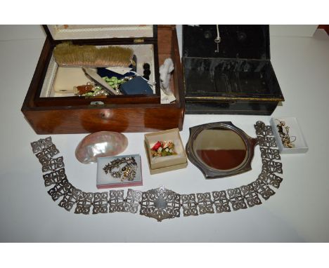 A quantity of costume jewellery; a dressing table hand mirror with broken handle and enamel decoration; and sundries in oak b