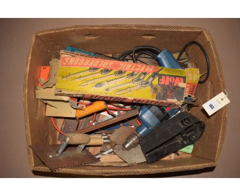 A Bosch CSB 680/2E electric drill, together with; a soldering iron; and sundry hand tools in a box.