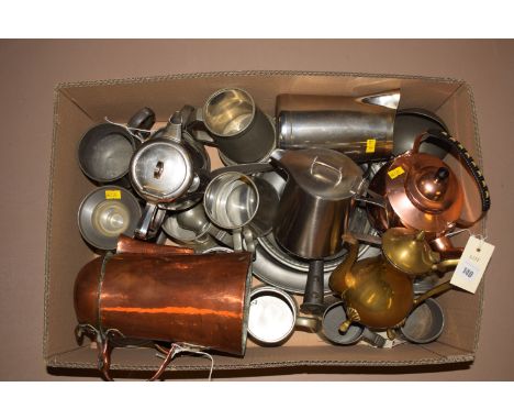 Victorian and later pewter tankards; a pewter ladle; a large pewter bowl; a copper jug with lid; and other metalware.
