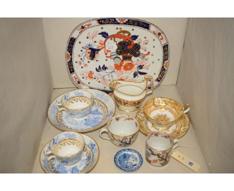 A collection of 19th Century china comprising; Ironstone meat plate liner decorated with Imari colours; various specimen teac