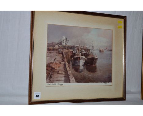 A colour print, after Walter Holmes - "North Shields Fish Quay", signed and inscribed.
