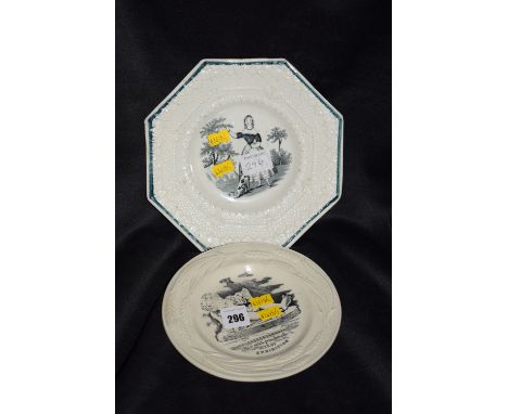 Two 19th Century transfer decorated plates, one entitled "Boy with Punchinello", 1851 Exhibition; the other an octagonal moul