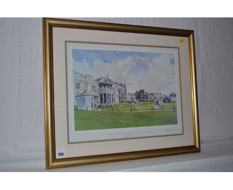 A colour print, after Kenneth Reed - "1st Tee R&A Golf Club, Old Course, St. Andrews, Scotland", signed.