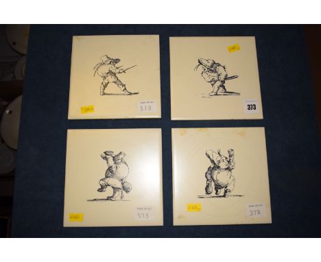 Three modern ceramic tiles by Pilkington of England, decorated with dwarves in various poses.