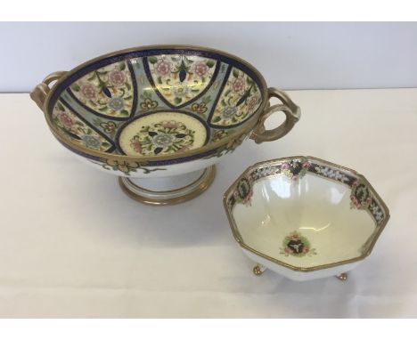 2 items of Noritake ceramics. A 2 handled fruit bowl with flower and gilt decoration together with a octagonal 3 footed sugar