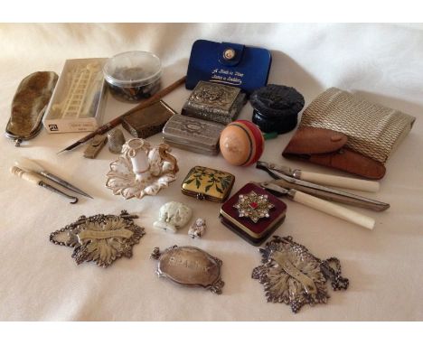 A box of miscellaneous vintage items. To include an early Spode small candle holder (a/f), decanter labels, dip pen & nibs, g
