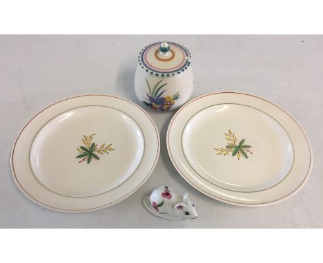 4 items of Poole pottery. Comprising pair of tea plates, jam pot and a mouse. 