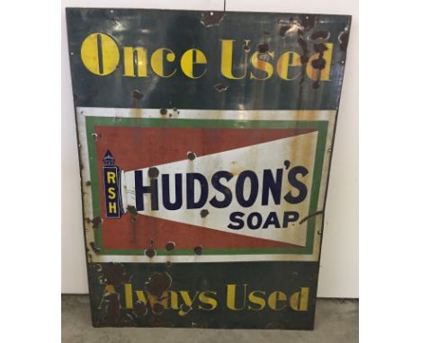A large enamel advertising sign for Hudson's Soap. Some damage to front. Approx 81.5 x 106.5 cm.