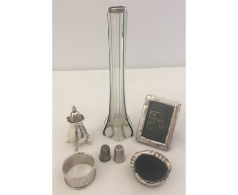 A collection of antique silver/part silver items. Comprising of an Art Nouveau glass bud vase with silver rim, a small pictur