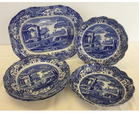 A small collection of blue and white Spode ceramics. Italian Spode design. Comprising: 4 soup bowls, 2 serving dishes and a s
