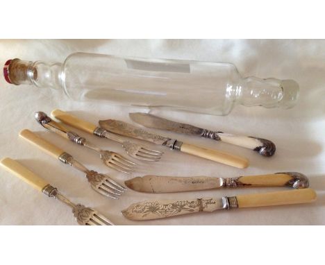 A large vintage glass rolling pin. Together with a collection of vintage silver plated cutlery. 