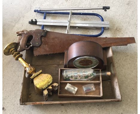 A quantity of misc items. To include vintage tools and gardening items, wooden candlestick, Smiths clock and ships in bottles